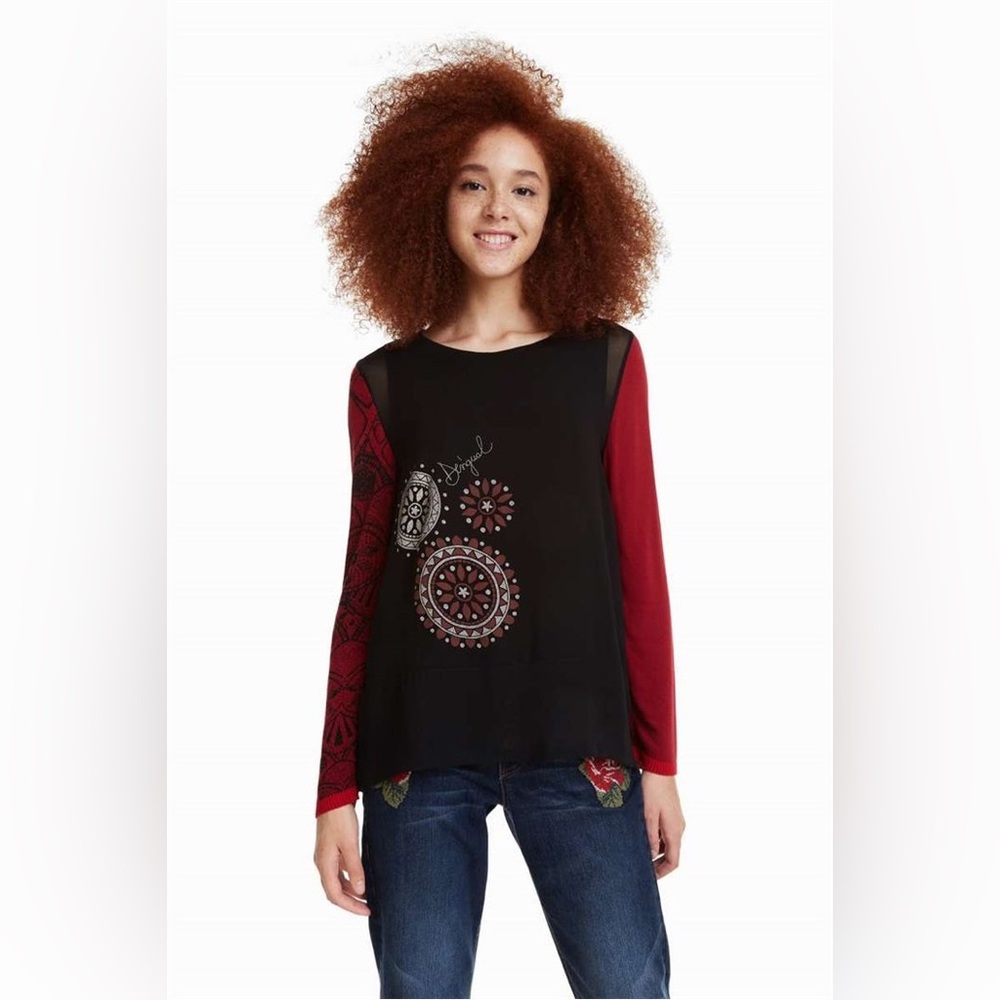 Desigual women’s M Black Red Long Sleeve Top with Artistic Design lined Blouse